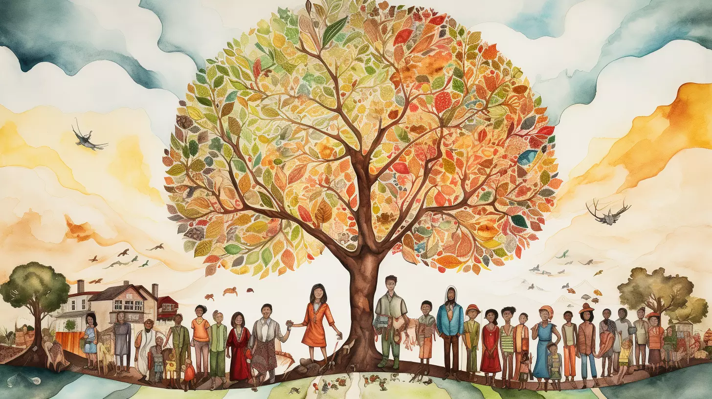 An illustrated tree in full leaf with a diverse community gathered beneath it.